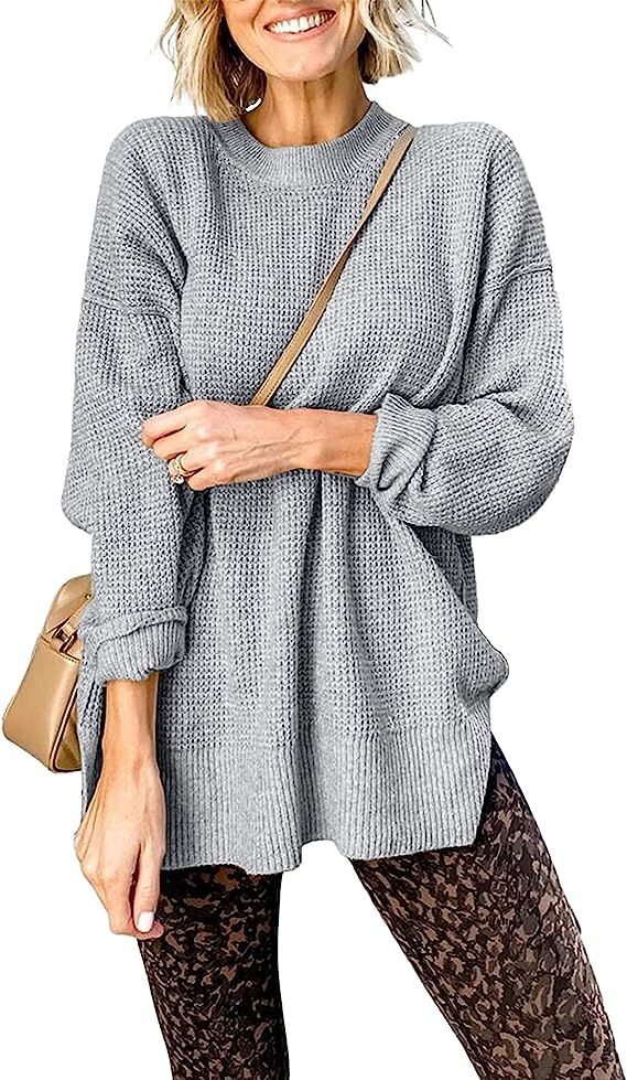 Quenteen Womens Mock Neck Pullover Sweaters Long Sleeve Side Split Waffle Knit Tops | Amazon (US)
