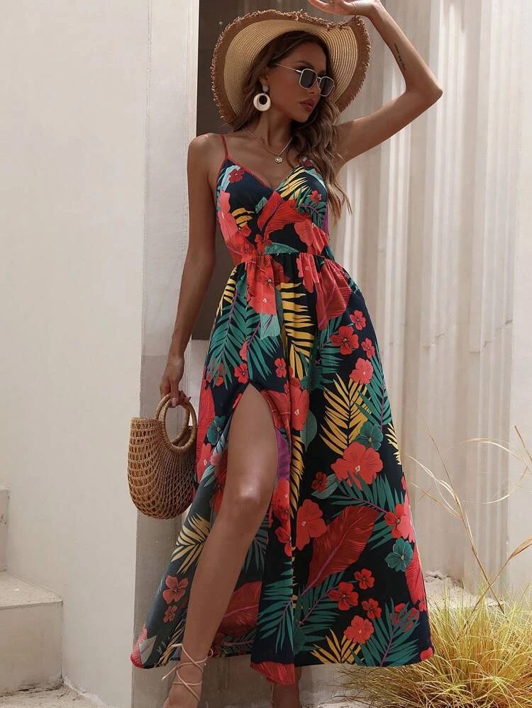 SHEIN VCAY Tropical Print Split Thigh Cami Dress | SHEIN