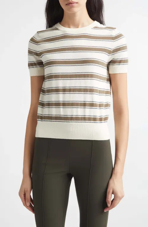 Vince Stripe Short Sleeve Cotton & Cashmere Sweater T-Shirt in Dark Artichoke Combo at Nordstrom, Size Large | Nordstrom