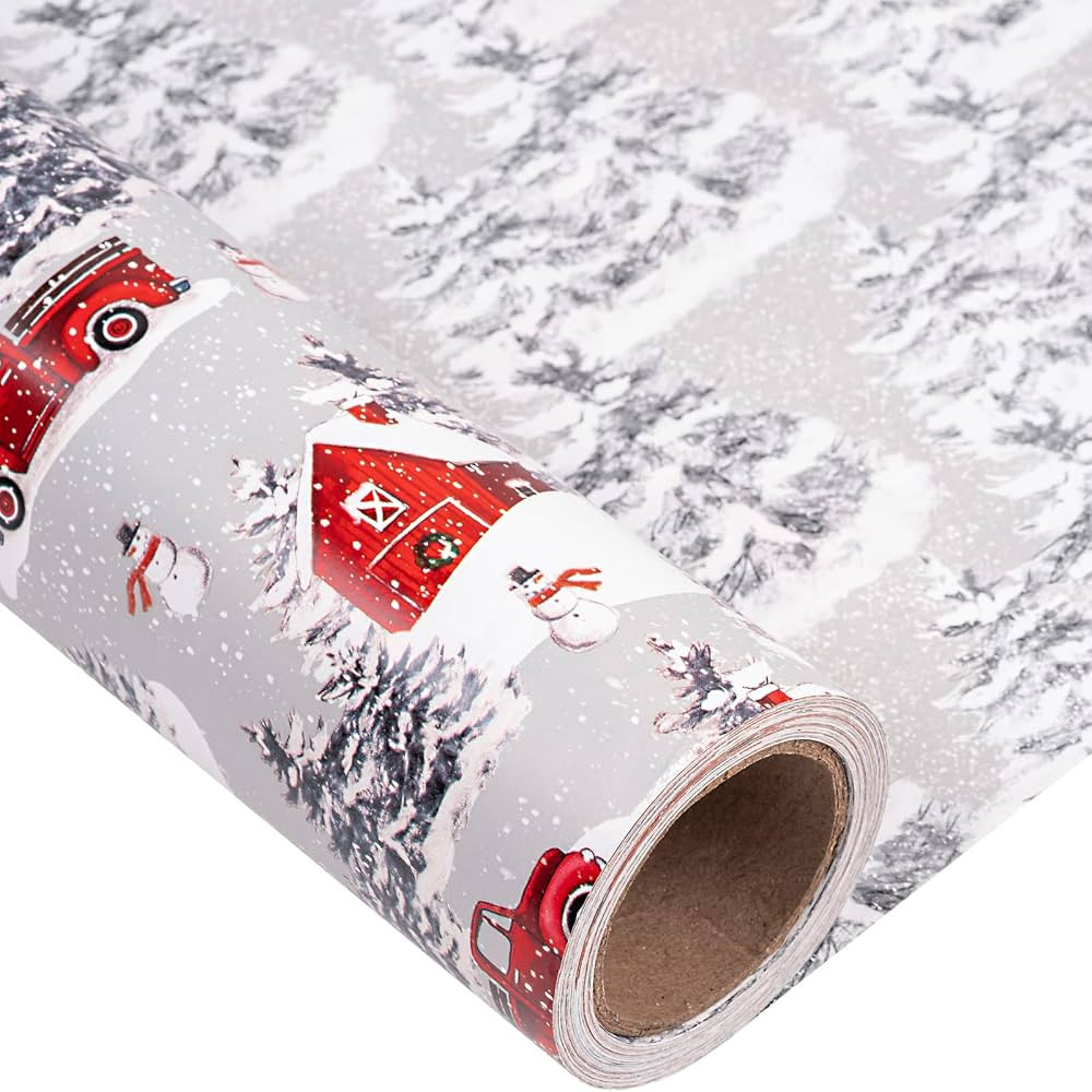 LeZakaa Reversible Christmas Wrapping Paper - Jumbo Roll - Red House and Snow Man & Tree - 24 inc... | Amazon (US)