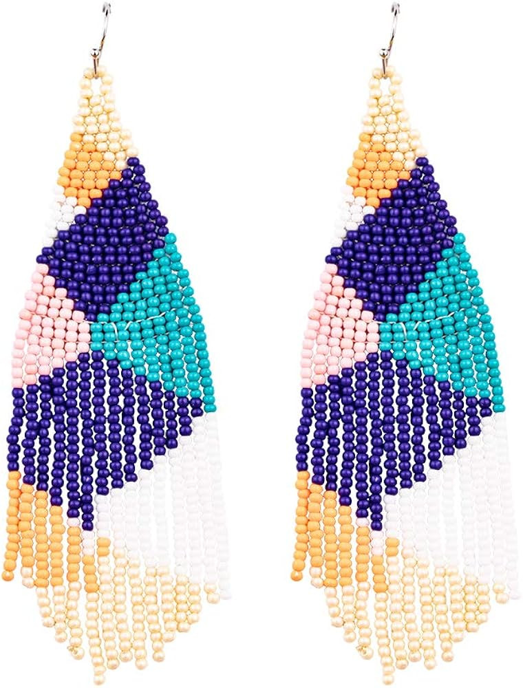Long Beaded Tassel Earrings – Large Native Bohemian Statement Beaded Fringe Drop Earrings, Big ... | Amazon (US)