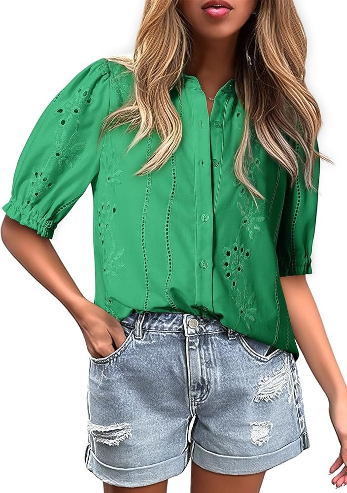 Dokotoo Women's Summer Tops Dressy Casual V Neck Short Sleeve Button Up Hollow Out Eyelet Lace Em... | Amazon (US)