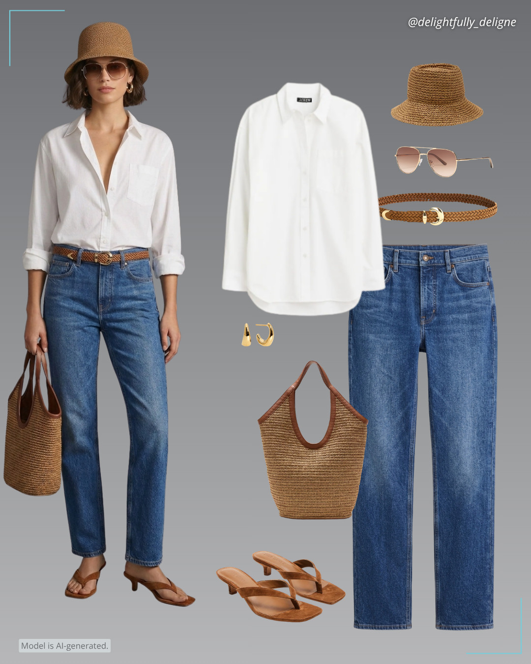 Elevated Summer Basics ☀️ 🤍   Oversized lightweight oxford shirt, circular longline straight jeans, straw bucket hat, straw hobo tote, chestnut suede thong-strap kitten heels, domed-buckle wide belt, aviator sunglasses & small hoop earrings. 

 #LTKootd #LTKOver40 #LTKSaleAlert