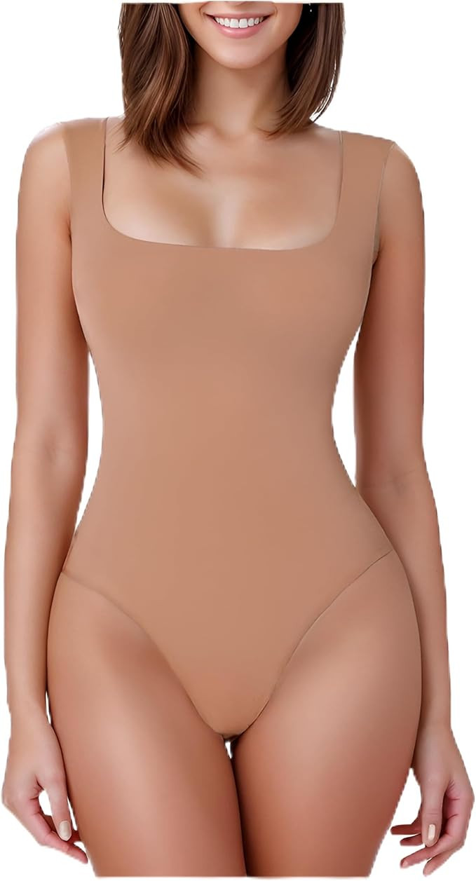 Square Neck Sleeveless Bodysuit Doubled Lined Thong Casual Fashion Tank Top Body Suits for Women | Amazon (US)