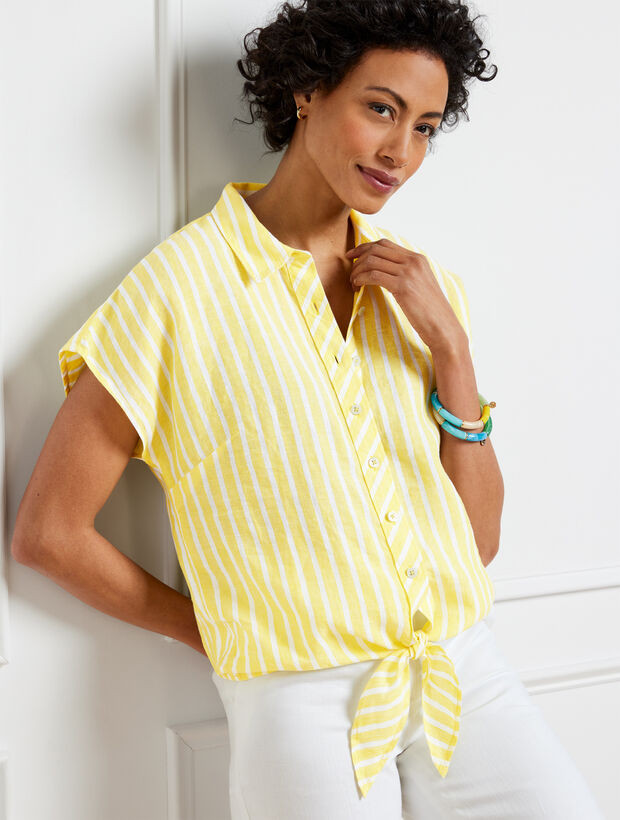 Linen Tie Hem Button Front Top - Seashore Stripe | Talbots