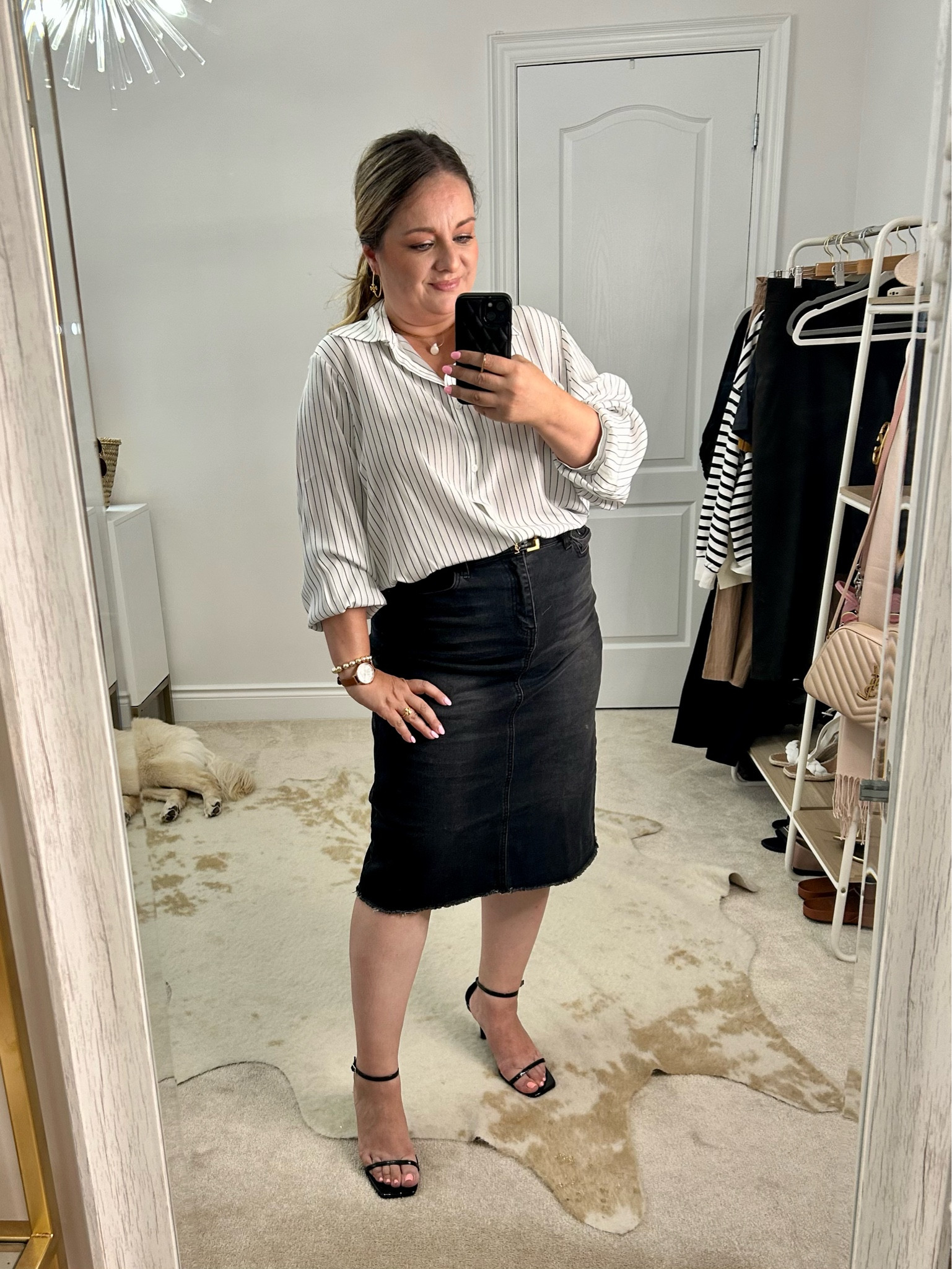 LilySilk oversized button down shirt 
Jean skirt
Strappy heels

#LTKSeasonal #LTKcurves #LTKstyletip