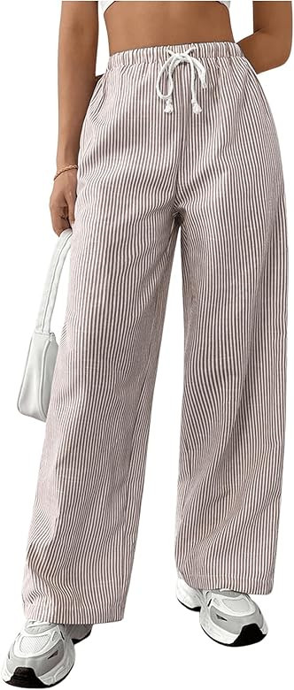 Women's Striped Print Straight Wide Leg Linen Pants Drawstring Waist Slant Pockets Pants Casual L... | Amazon (US)