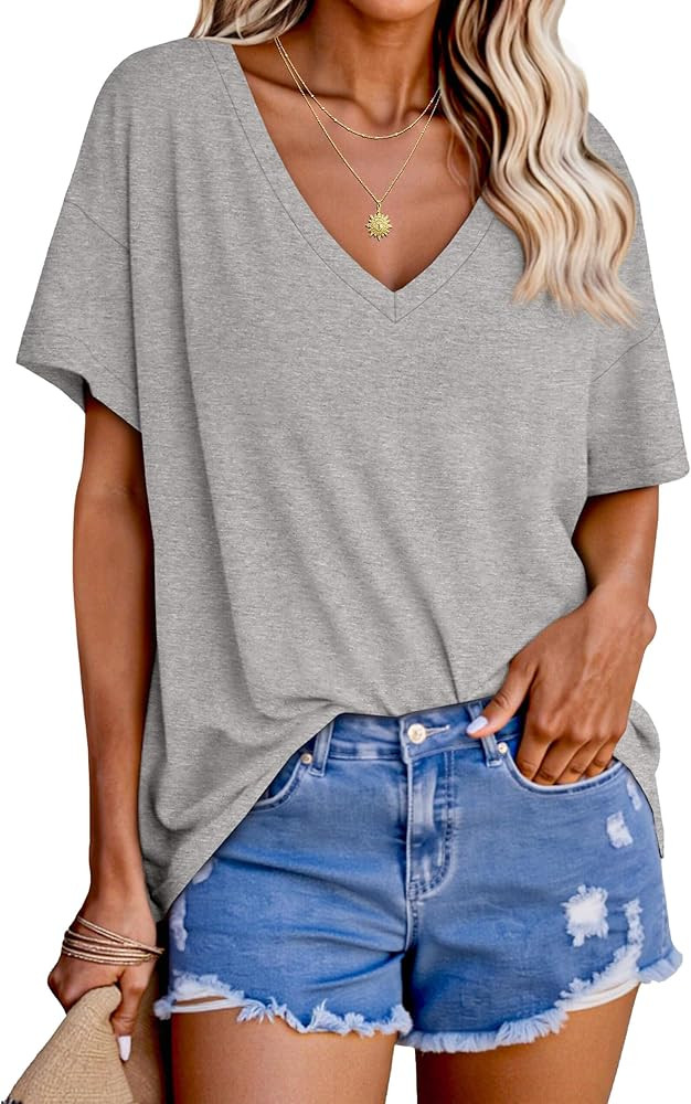 Tankaneo Womens Oversized Tshirts V Neck Short Sleeve Tops Summer Casual Loose Fit Tunic Tee Shir... | Amazon (US)