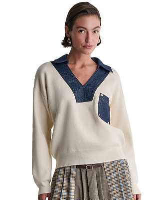 Women's Denim Trim Oversized Collared V-Neck Sweater | Macy's