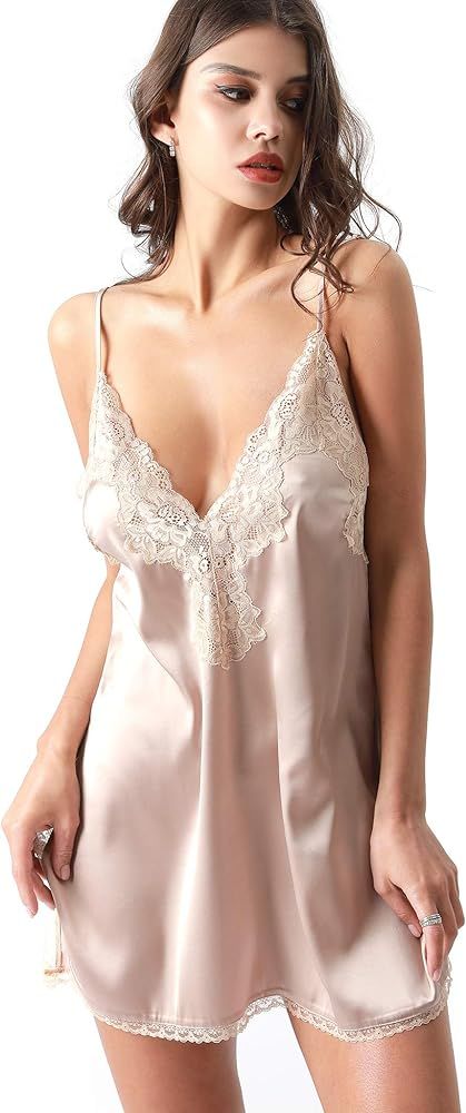 Women’s Chemise Deep V Neck Lace Nightgown Slip Satin Sleepwear Nightdress | Amazon (US)