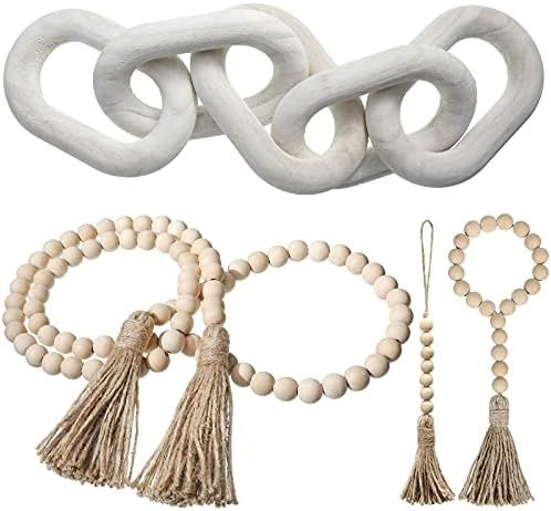 4 Pieces Wood Chain Link Decor Wooden Beads Garland Set Including 1 Piece Wooden Chain Link Home Dec | Amazon (US)