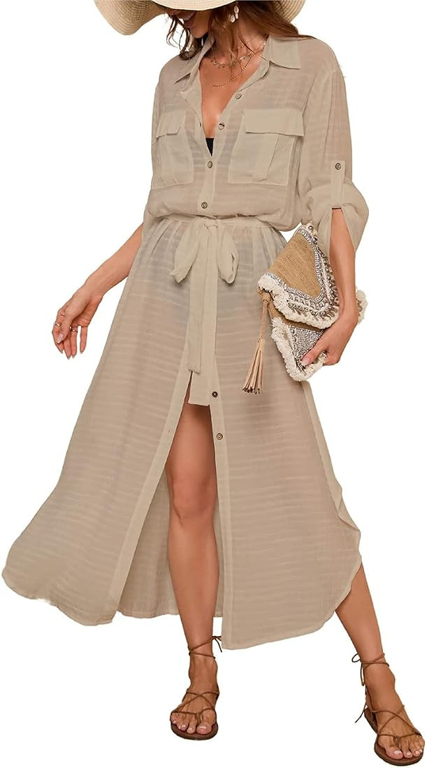 Women Long Swimsuit Cover Up Button Down Shirt Dress Beach Cover Up with Drawstring | Amazon (US)