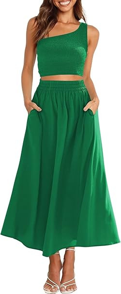 ANRABESS Women's 2 Pieces Outfits One Shoulder Smocked Crop Top & High Waist Long Skirt Dress Set... | Amazon (US)