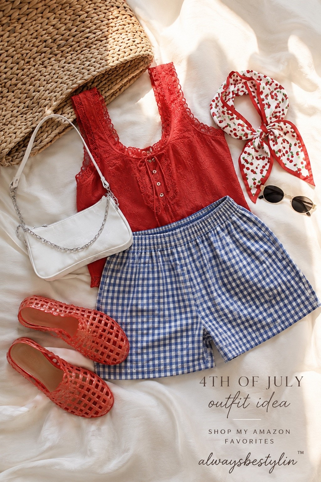 🇺🇸❤️ The cutest Amazon 4th of July outfit is HERE ❤️🇺🇸

This red lace tank + blue gingham shorts combo is giving effortless Americana, coastal girl summer, and backyard BBQ chic all in one look. Paired with trending jelly sandals, a cherry hair scarf, retro sunglasses, and a chic white shoulder bag for the ultimate patriotic outfit inspo.


Amazon fashion finds, July 4th outfit, patriotic outfit, summer fashion 2026, coastal style, Amazon clothing, affordable summer outfit, Amazon influencer finds, beach vacation outfit, red white blue fashion, jelly sandals outfit, gingham shorts outfit, trendy Amazon clothes, Pinterest fashion aesthetic, LTK fashion finds.

#LTKootd #LTKSaleAlert #LTKSeasonal