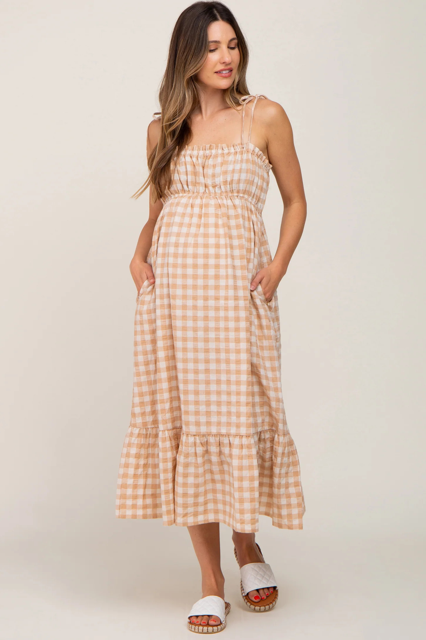 Taupe Gingham Square Neck Tie Strap Maternity Midi Dress | PinkBlush Maternity