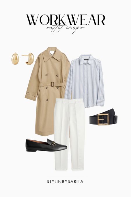Workwear, work outfits, business casual outfits, loafers, belt, trench coat, striped shirt, gold hoop earrings, Abercrombie and fitch outfits, H&M outfits

#LTKworkwear #LTKstyletip #LTKunder100