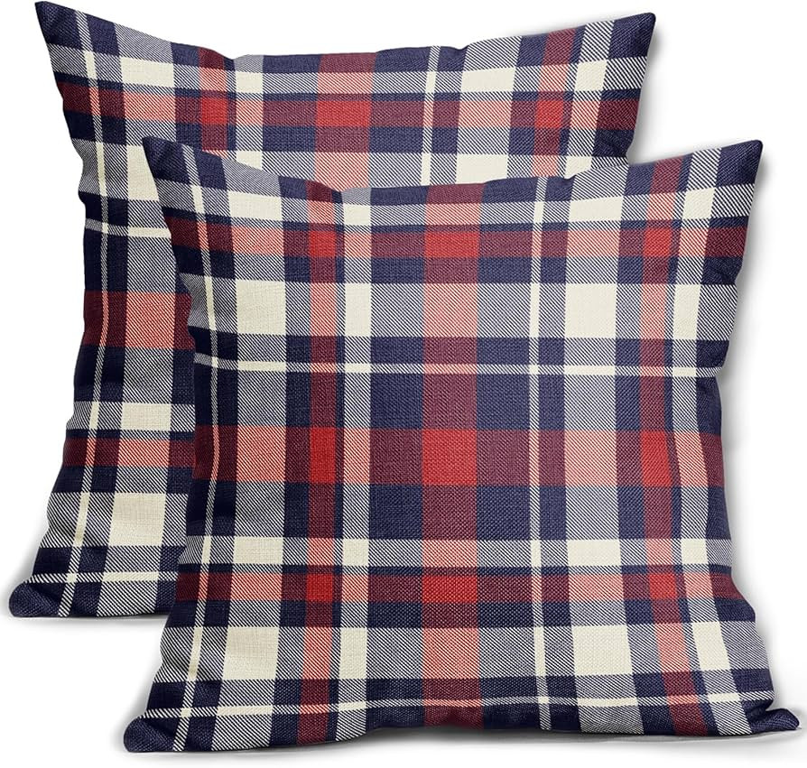 4th of July Patriotic Pillow Covers 18x18 Inch Set of 2 Blue Red Buffalo Plaid Decorative Throw P... | Amazon (US)
