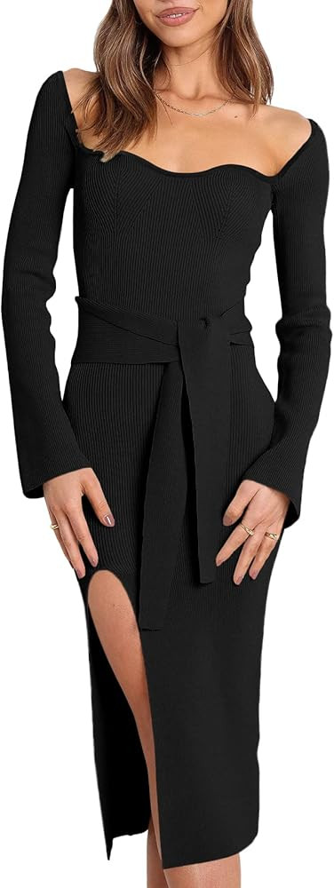 ANRABESS Women's 2023 Fall Long Sleeve Sweetheart Neck Tie Waist Slit Side Kibbed Knit Slim Bodyc... | Amazon (US)