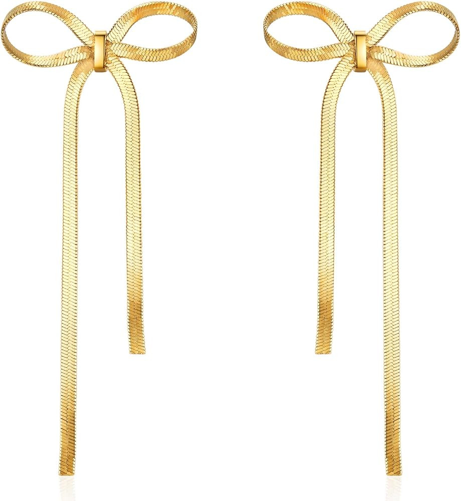 14K Gold Bow Earrings for Women - Herringbone Bow Earrings - Big Tie Earings 14K Gold Plated Earr... | Amazon (US)