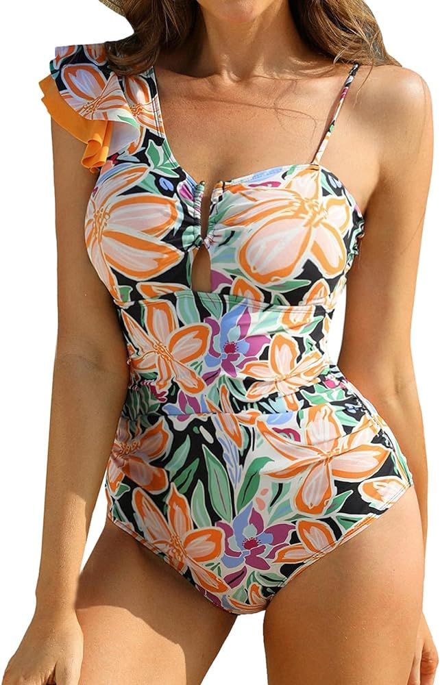JASAMBAC Women's One Piece Swimsuit Tummy Control Swimwear One Shoulder Ruffles Flattering Bathin... | Amazon (US)