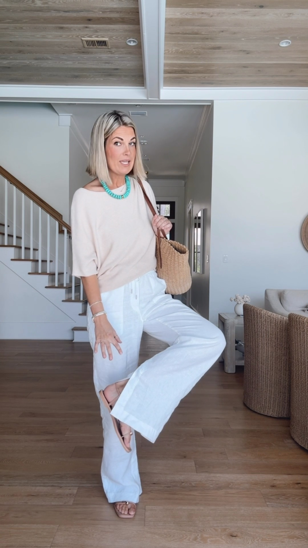 Beaded necklaces layered with metal necklaces are everywhere this summer!  These are so affordable. I am 5’11” wearing small in the top and Xs tall in the linen pants. Sandals true to size.

#LTKootd #LTKSaleAlert #LTKOver40