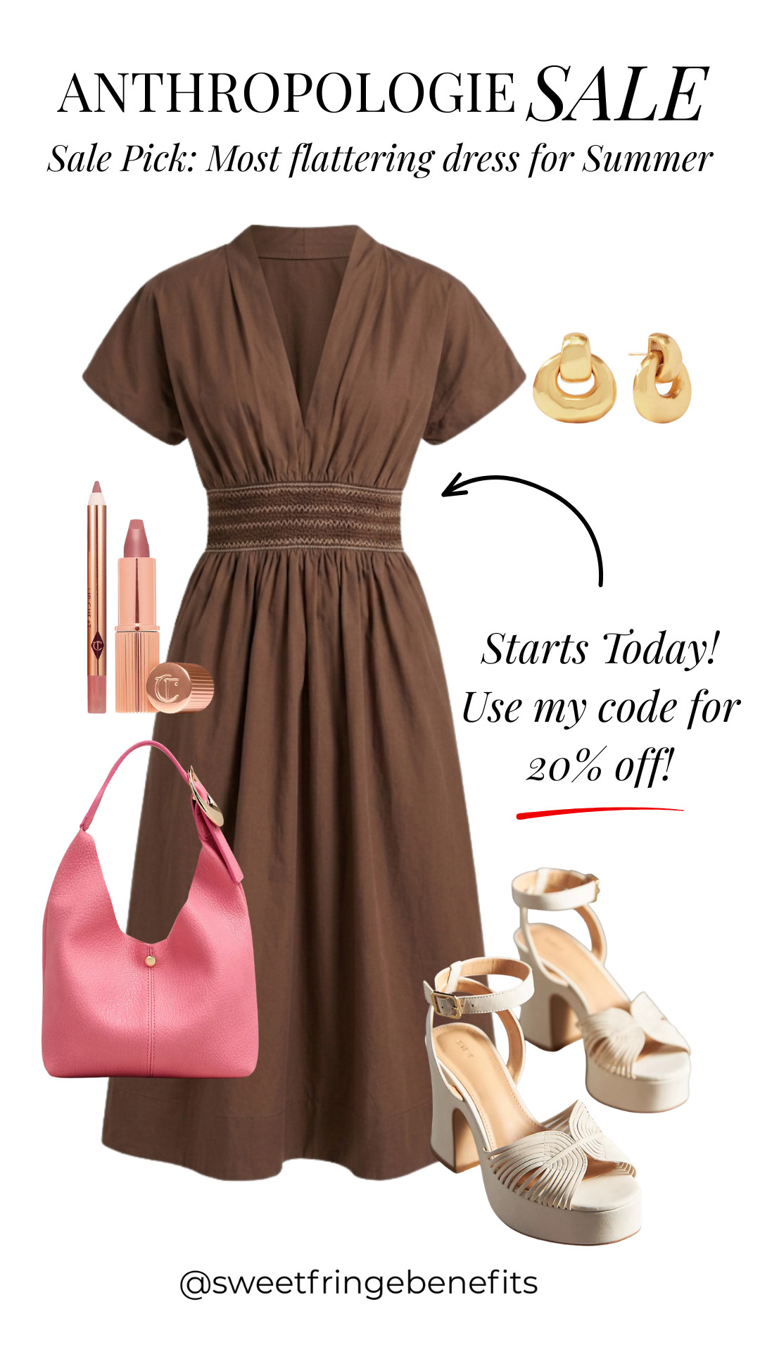 This may be the most flattering dress for summer. 🫶🏻

The smocked waist gives it such a dress  flattering shape, and the rich brown tone works beautifully with gold accessories and soft feminine accents.

Perfect for summer dinners, events, vacations, or everyday elevated style 

Anthropologie sale starts today, use code NANETTE20 for 20% off 🙌

Linked everything here 🤍 

 #LTKootd #LTKOver40 #LTKSaleAlert