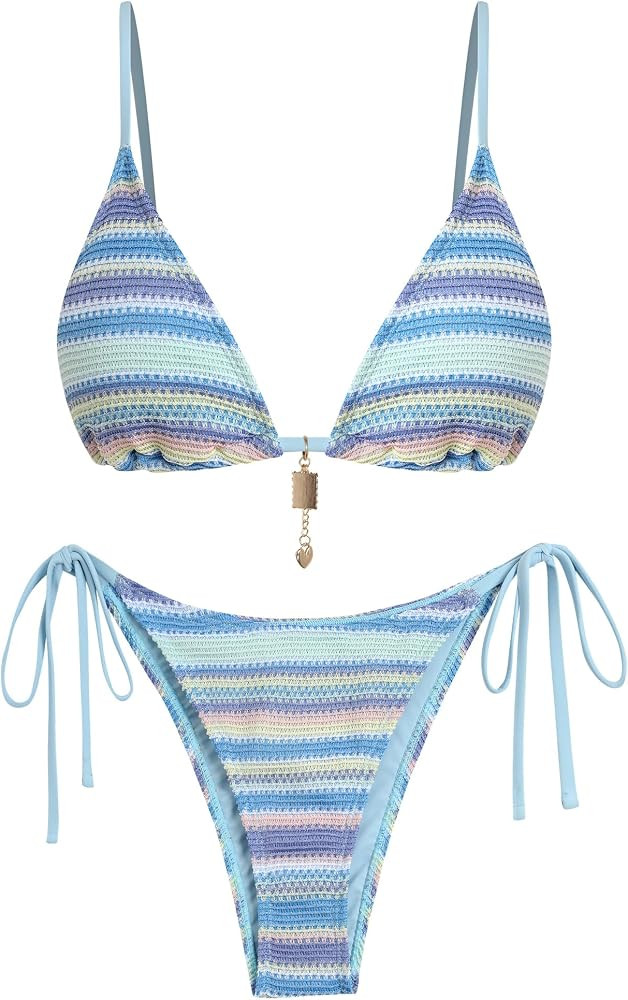 ZAFUL Crochet Bikini Sets for Women Cheeky Boho Bathing Suits Striped Brazilian High Cut Thong Bi... | Amazon (US)