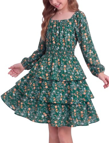HOZIY Girls Fall Long Sleeve Floral Dresses Green Family Photo Outfits | Amazon (US)