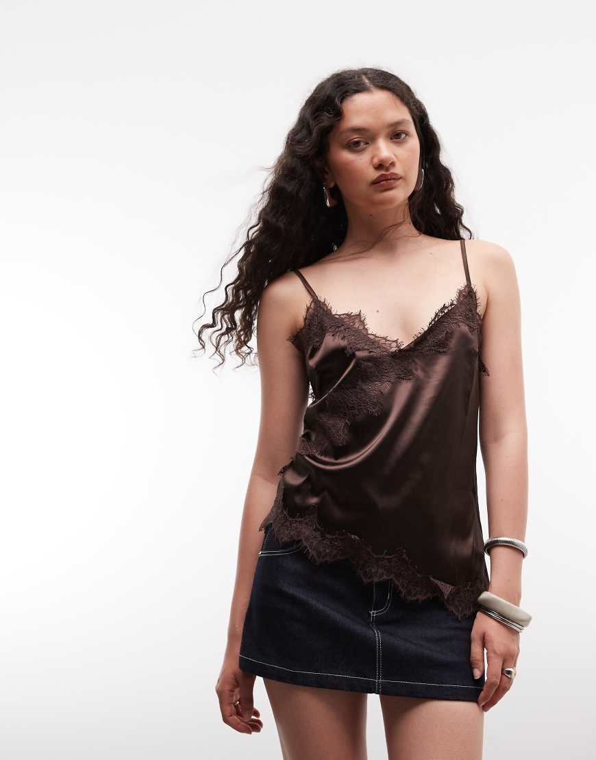 Noisy May asymmetric satin top with lace hem in chocolate brown | ASOS (Global)