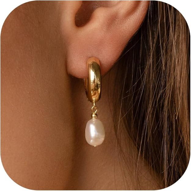 Pearl Earrings for Women 14K Gold Freshwater Pearl Huggie Hoop Earring Dangle Drop Wedding Earrin... | Amazon (US)