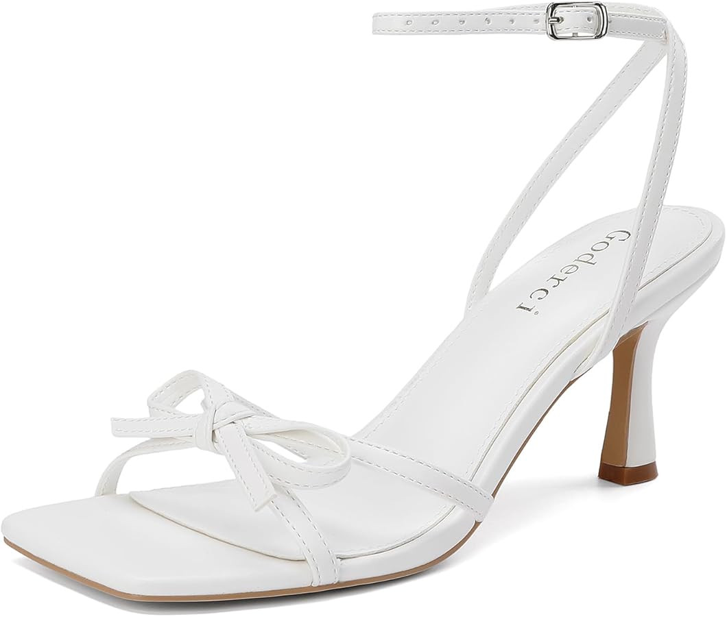 Kitten Heels with Bow Strappy Heels for Women Square Open Toe Mid Heeled Sandals | Amazon (US)