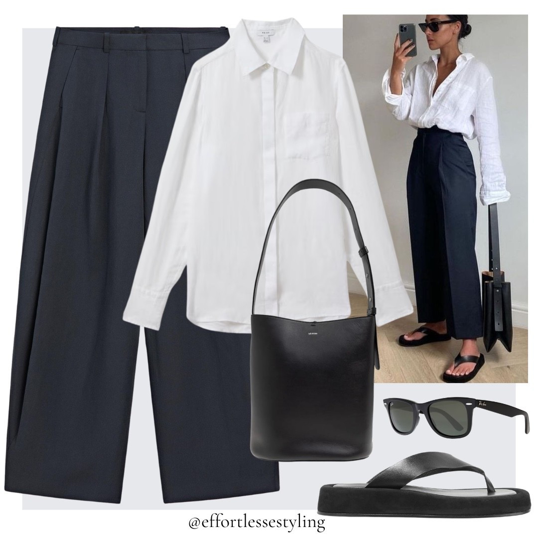 Smart casual Spring outfit.

Oversized white linen shirt, navy flowing tailored trousers, black leather tote bag, black chunky leather and suede flip flops, black wayfarer sunglasses. 

#LTKuk #LTKworkwear #LTKspring