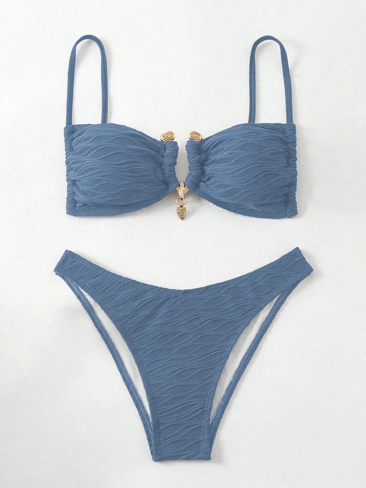 SHEIN Swim Women's Summer Beach Solid Color Bikini Set With Metallic Decoration | SHEIN