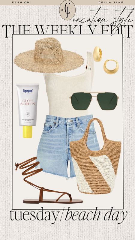 Cella Jane weekly edit vacation style. For any warm weather trips you might be taking soon. Tuesday beach day. Swimsuit, denim shorts, tote, sandals, sunglasses hat  

#LTKswim #LTKstyletip #LTKtravel