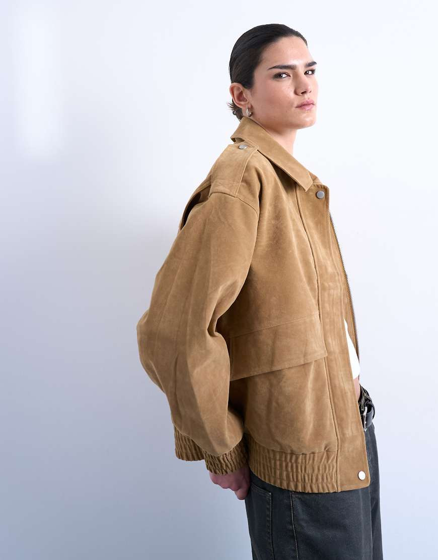 Topshop faux suede oversized bomber jacket in tan-Brown | ASOS (Global)