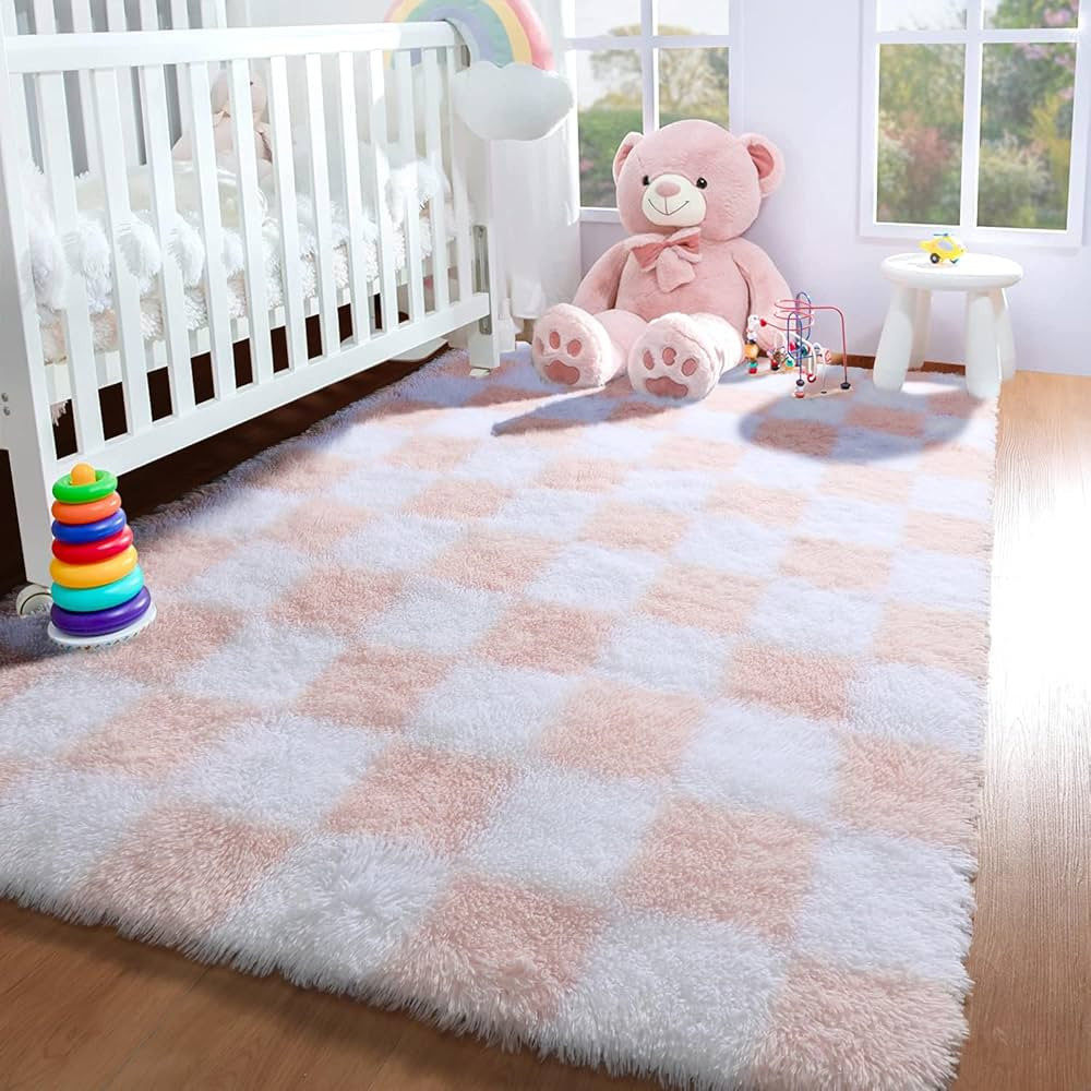 KICMOR Light Pink and White Rugs for Bedroom Girls, 4x6 Fluffy Fuzzy Checkered Shag Area Rug Shag... | Amazon (US)