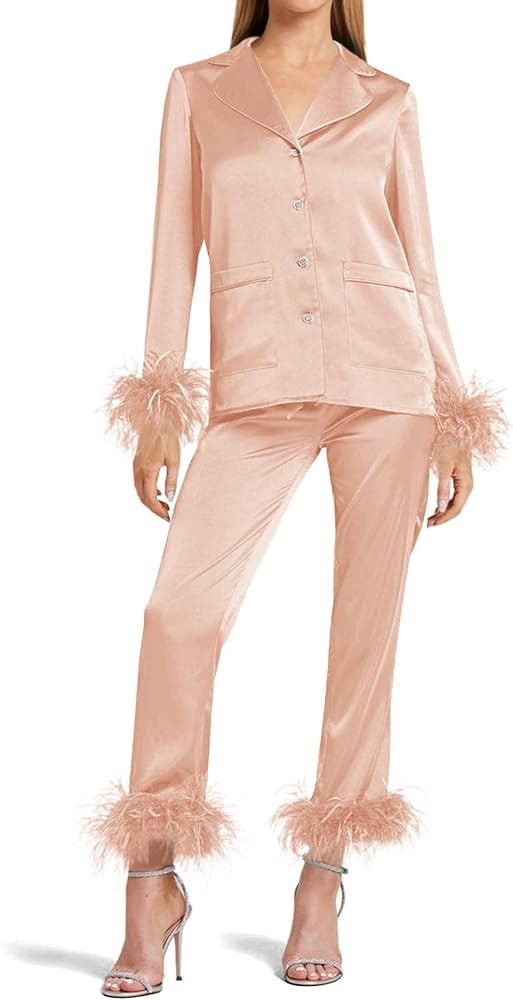 Women's Silk Satin Pajama Set Feather Trim Bridal Long Sleeve Pocketed Lounge Sets Sleepwear (Rem... | Amazon (US)