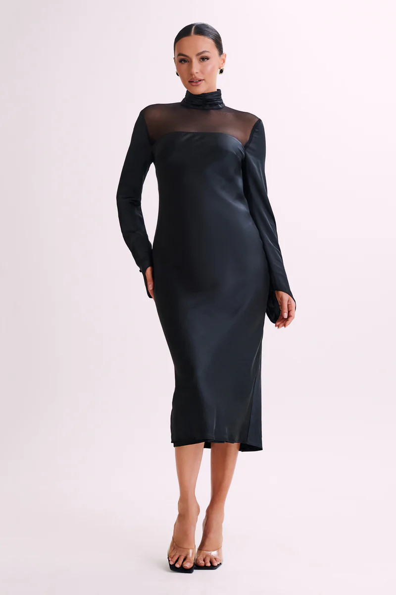 Patricia High Neck Satin Midi Dress - Black | MESHKI US