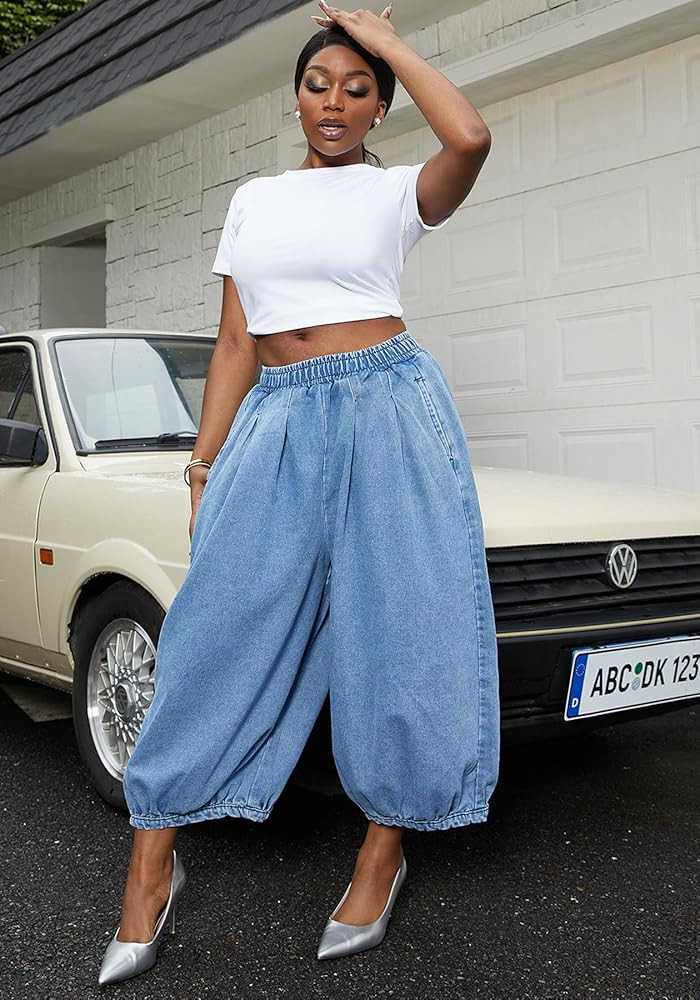 Tbahhir Women's Baggy Jeans Barrel Cropped Elastic Waist Denim Pants Loose Trousers with Pockets | Amazon (US)