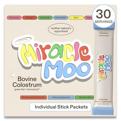 MIRACLE MOO Colostrum Supplement for Gut Health, Hair Growth, Beauty and Immune Support - Easy to Mix Grass Fed Bovine Powder - Highest IgG Plus ImmunoLin, Unflavored (30 Servings) | Amazon (US)