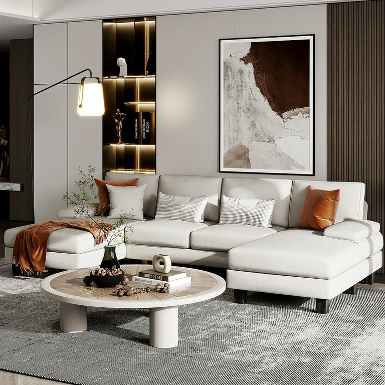 Furmax U-Shaped Sectional Sofa with Chaise, 4 Seats Chenille Fabric Sofa for Living room, White | Walmart (US)