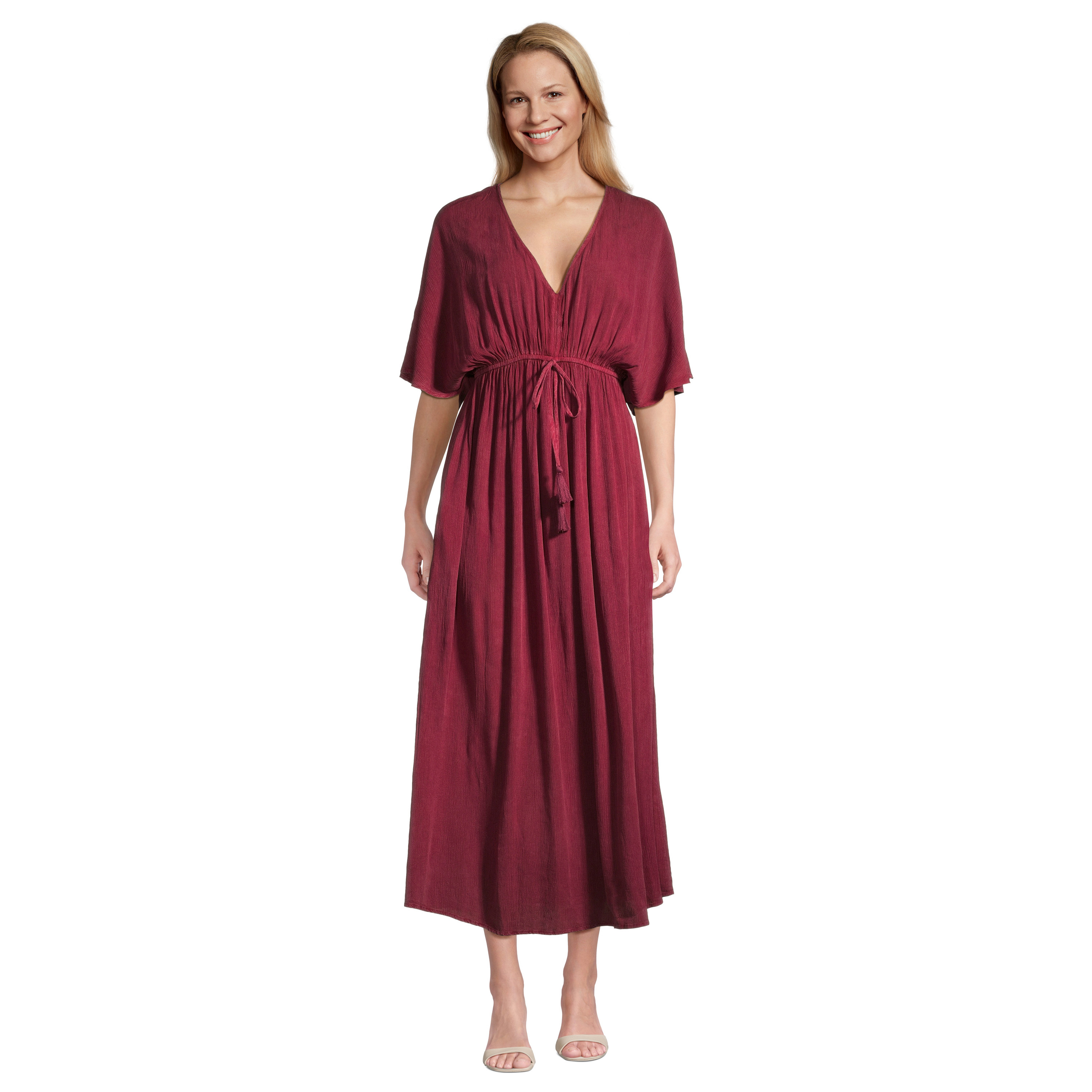 Mira Wine Crinkle Crepe Kaftan Dress with Pockets | World Market