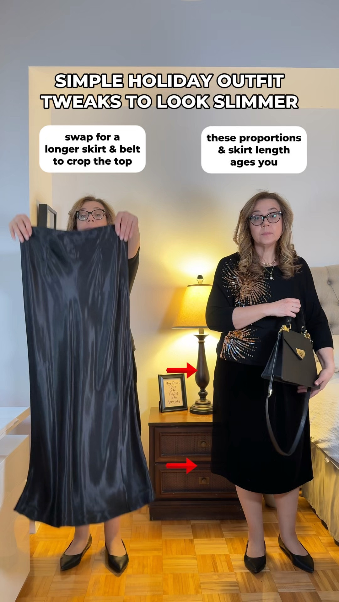 For a slimmer look choose right proportions for your body shape. The skirt should hit the slimmer part of your calves and the waist should be emphasized. You will look slimmer but also slick and polished. Save for the holiday outfit inspiration .

#LTKwinter #LTKstyletip #LTKpartywear