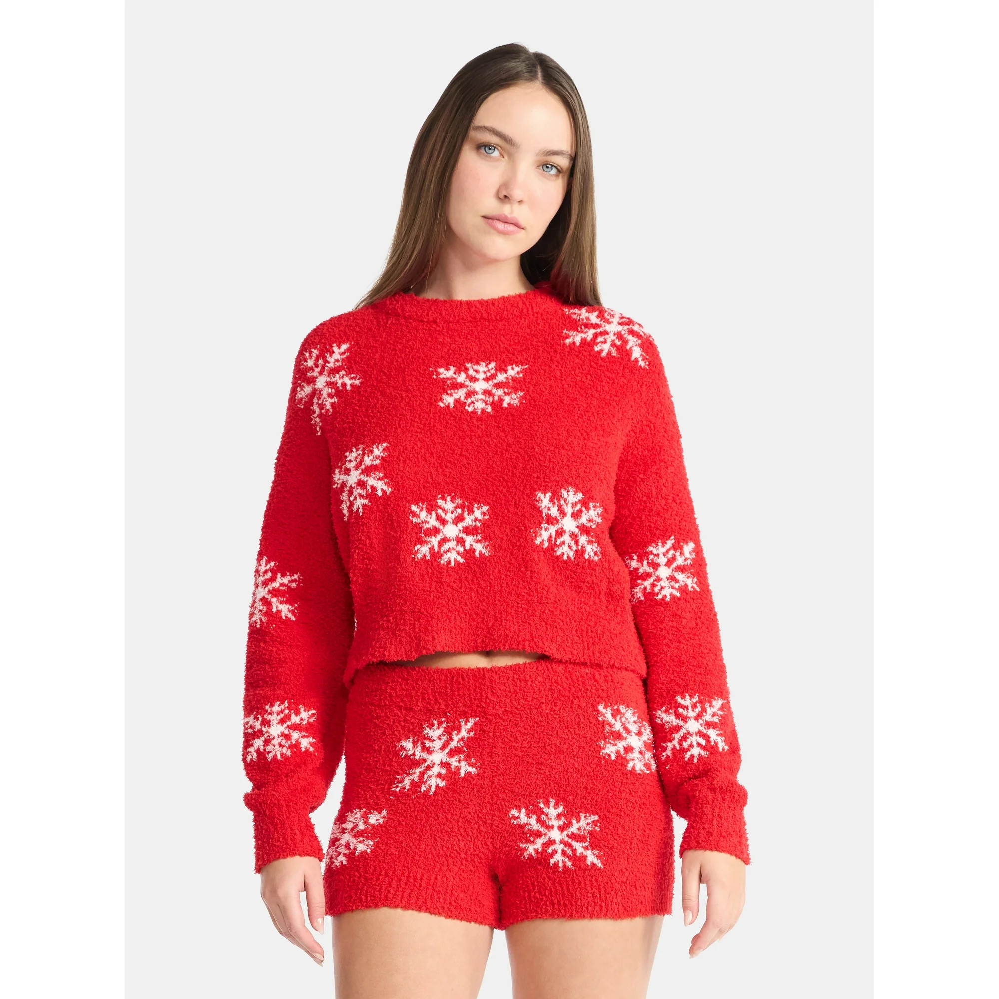 No Boundaries Christmas Plush Sweater and Shorts Set, 2-Piece, Women’s | Walmart (US)