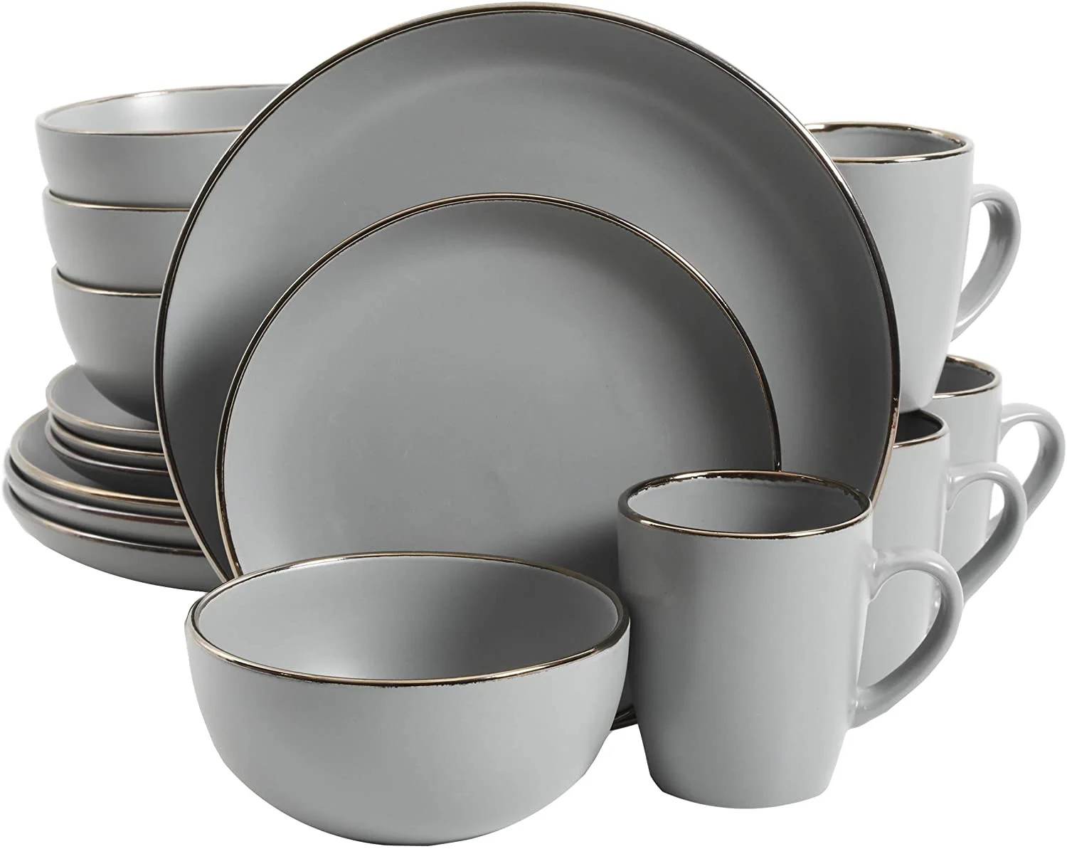 Gibson Home Rockaway Round Stoneware Dinnerware Set, Service for 4 (16pcs), Grey/Gold Rim | Walmart (US)