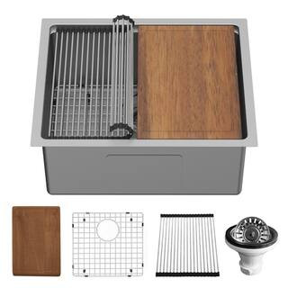 23 in. Undermount Single Bowl 16-Gauge Stainless Steel Workstation Kitchen Sink | The Home Depot