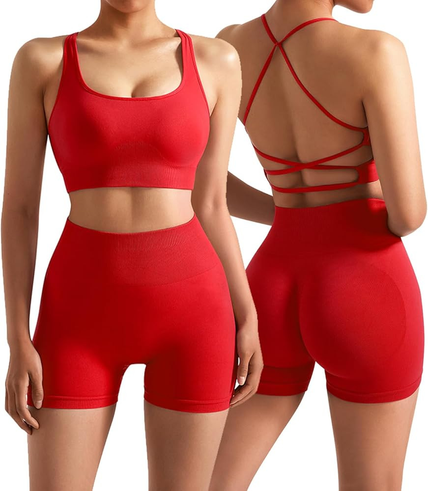 OMKAGI Women Seamless Workout Sets Backless Sport Bra High Waisted Booty Shorts Outfits | Amazon (US)