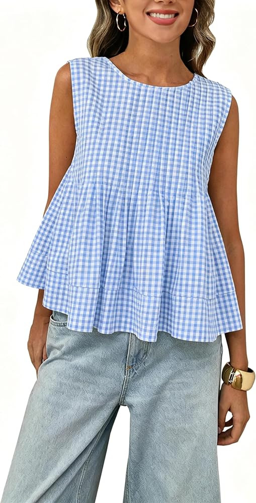 Megfie Womens Summer Pleated Peplum Sleeveless Blouse Tank Tops Round Neck Y2K Babydoll Blouse Sh... | Amazon (US)