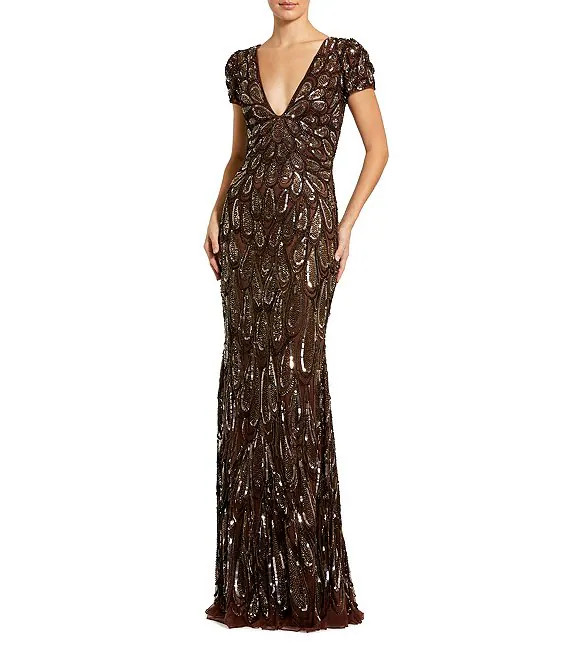 Sequin Mesh Plunge V-Neck Short Sleeves Column Gown | Dillard's