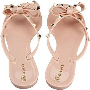 Womens Rivets Bowtie Flip Flops Jelly Thong Sandal Rubber Flat Summer Beach Rain Shoes | Amazon (US)